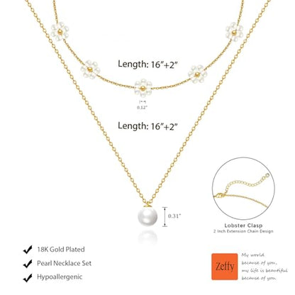 Zeffy Gold Pearl Necklace for Women, Dainty 14K Gold/Silve Plated Layered Pearl Choker Pearl Earrings Pearl Bracelets Wedding Trendy Gold Jewelry Set for Women Gifts - style: Gold Pearl Daisy Necklace-2PCS