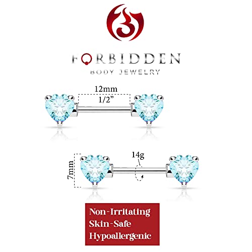 Forbidden Body Jewelry Pair of Surgical Steel 1/2-5/8 Inch (12-16mm) Cubic Zirconia Crystal Double Heart Nipple Barbells - style: Aqua