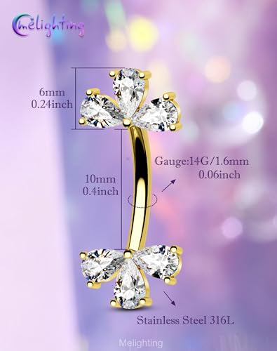 Melighting 14G Double Teardrop CZ Gold Belly Button Ring 316L Surgical Steel Navel Ring 3 Stone Drop Design Belly Bar Piercing Jewelry for Women 8 mm/10 mm - color: Gold, size: 14G10mm