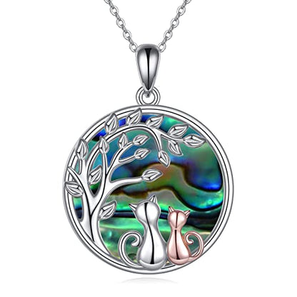 925 Sterling Silver Moon Black Cat Necklace for Women Cat Jewelry - style: D-2 Cat Tree of Life Abalone Necklace