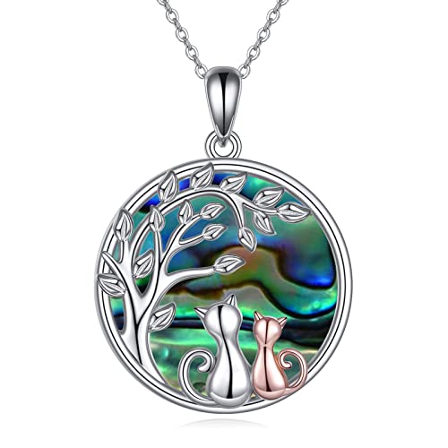 925 Sterling Silver Moon Black Cat Necklace for Women Cat Jewelry - style: D-2 Cat Tree of Life Abalone Necklace