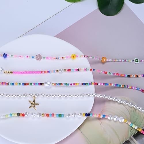 4-12 Pieces Beaded Choker Necklaces for Women Boho Seed Bead Choker Set Hawaiian Handmade Turquoise Beach Beads Necklace Chain Jewelry - style: 6 Bead Pearl Necklace
