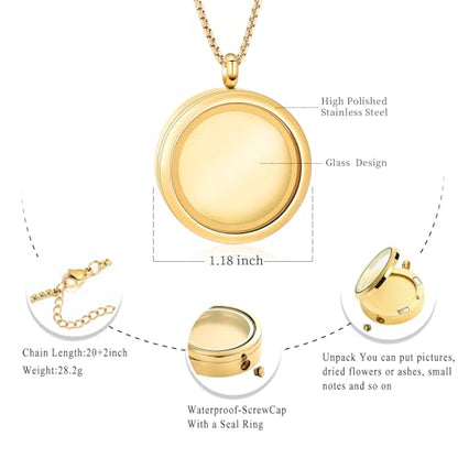 Oinsi Cremation Locket Necklace For Ashes Of Loved One Carry Photo Glass Memorial Urn Jewelry 316L Stainless Steel Keepsake Gifts - color: A-Gold