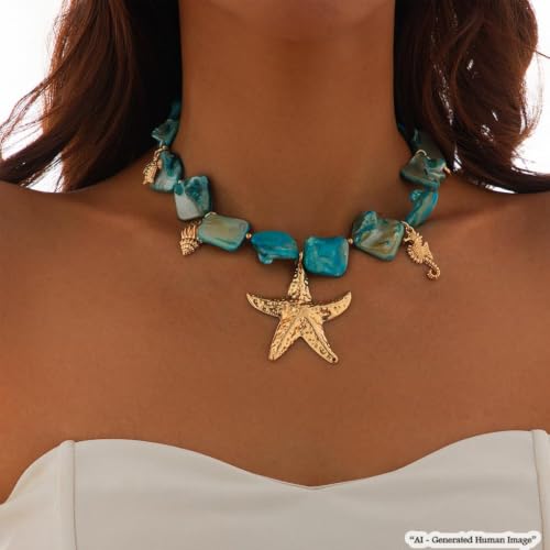 Boho Chunky Shell Necklace for Women Baroque Pearl Pendant Necklaces Irregular Shell Beaded Choker Necklace Trendy Vacation Jewelry Accessories - color: Blue2