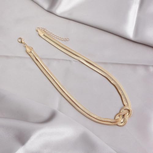 Silver Tone Double Chain Snake Knot Choker Necklace for Women, Adjustable Mesh Layered Jewelry Set - color: White K