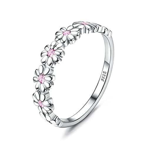 MILACOLATO 925 Sterling Silver Rings for Women Dainty CZ Daisy Flower Ring | 18K White Gold Plated Daisy Promise Ring for Her, Cute Sunflower Wedding Band Statement Engagement Ring, Mothers Jewelry Gift - color: 18K White Gold Plated Daisy Ring - Pink CZ