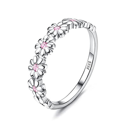 MILACOLATO 925 Sterling Silver Rings for Women Dainty CZ Daisy Flower Ring | 18K White Gold Plated Daisy Promise Ring for Her, Cute Sunflower Wedding Band Statement Engagement Ring, Mothers Jewelry Gift - color: 18K White Gold Plated Daisy Ring - Pink CZ