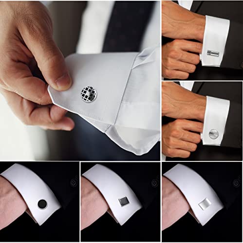 FIRAZIO 12 Pairs Cufflinks for Men Classic Tone Cuff Links Silver Black | Striped Disc Square Rectangle Cuff Links Shirt Suit Men’s Cufflinks For Wedding Groom Business Elegant Gift