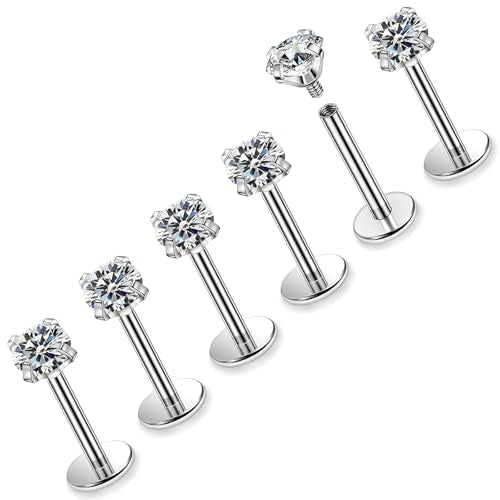 16G ASTM F136 Titanium Surgical Steel Internal Thread Flat Back Studs Earrings Lip Rings Labret Medusa Helix Tragus Cartilage Earring stud Piercing Jewelry for Women Men Silver Black Gold - style: 16g/2mm Clear cz/Silver 6mm