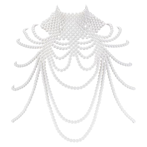 AHANDMAKER 1PC Pearl Body Chain Adjustable Shoulder Necklace White Bra Jewelry Plastic Beaded Chain for Women Party Wedding Backless Dress Costume Decoration 13.86-16.02 Inch