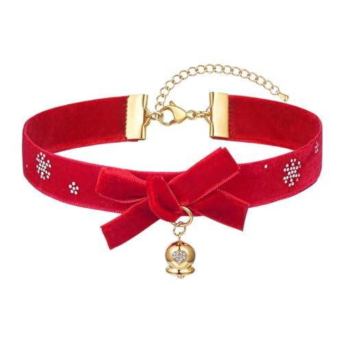 FOSIR Velvet Choker for Slender Neck, 14k Gold Plated Sainless Steel Heart/Snowman/Deer/Hat/Tree/Bell/Pendant Collar Necklace for Women, Adjustable Soft Skin-Friendly Velvet Jewelry Gifts - color: Red Choker- Bell