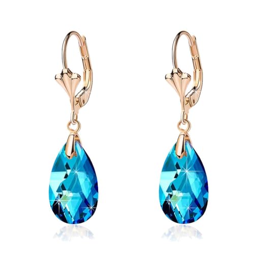 Austrian Crystal Teardrop Leverback Dangle Earrings for Women Fashion 14K Gold Plated Hypoallergenic Jewelry - color: Bermuda Blue