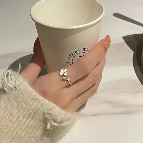 Mettclasi Women's 14K Gold Plated Stackable Ring Crystal Inlaid Dainty Trendy Cute Adjustable Open Twist Rings Jewelry Gifts - style: Flower