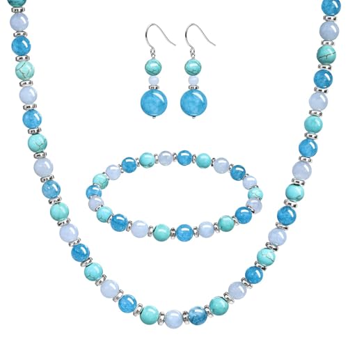 Beaded Necklaces for Women 3Pcs Colorful Boho Gemstone Bead Choker Summer Natural Stone Surfer Beach Bead Necklace Bracelets Earring Set Handmade Jewelry for Women Gift Jewelry Sets - color: Blue