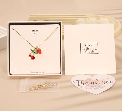 Double Pendant Necklace for Women 18k Gold Plated Necklace Cubic Zirconia Dainty Gold Necklaces for Women - style: Strawberry & Cherry