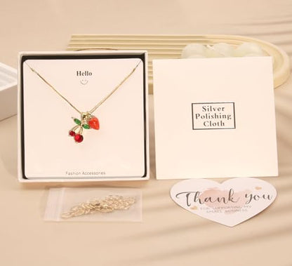Double Pendant Necklace for Women 18k Gold Plated Necklace Cubic Zirconia Dainty Gold Necklaces for Women - style: Strawberry & Cherry