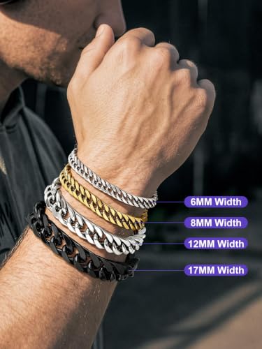 Richsteel Mens Cuban Link Bracelets, Silver/Black/14K Gold Plated Stainless Steel Bracelet for Men 8/12/17mm Width, 7.4/8.2/9 Inch Length Chain Wrist Bracelets With Gifts Box - style: 08-Gold Plated 17mm Width