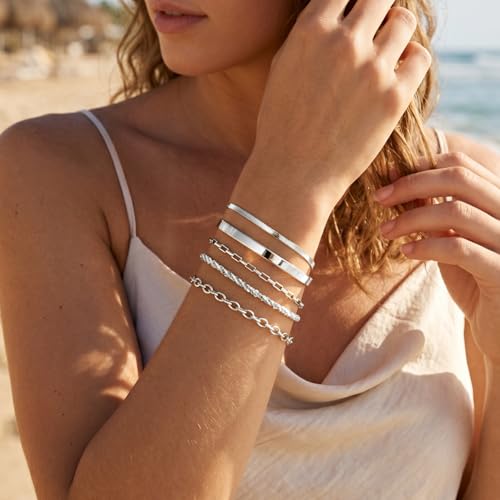Dainty Gold Bracelet for Women Trendy Non Tarnish, Thin Bracelets Stackable Set with Bangle Cuff, Box, Herringbone, Paperclip, Figaro, Sparkling Link Chains Waterproof, Simple Jewelry Gifts for Women - color: style 02-silver