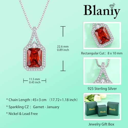 Created Gemstone Necklace 925 Sterling Silver Halo Rectangular Pendant Birthstone Necklaces Jewelry Gifts for Women - color: 01 January - Garnet