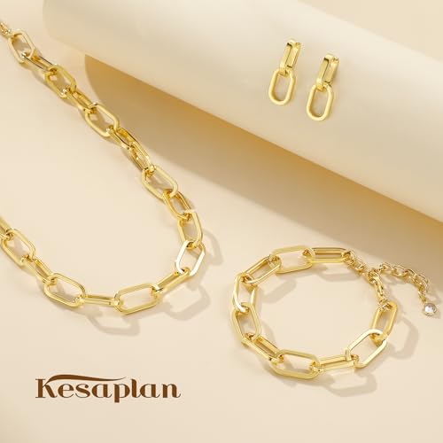 KesaPlan Gold Chain Necklace Bracelet and Earrings for Women Silver Chunky Jewelry Set, 14K Gold Plated Ladies Dainty and Chunky Chain Link Paperclip Jewelry Set for Women Gifts - style: Paperclip Set Gold 2