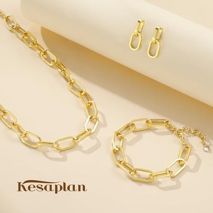 KesaPlan Gold Chain Necklace Bracelet and Earrings for Women Silver Chunky Jewelry Set, 14K Gold Plated Ladies Dainty and Chunky Chain Link Paperclip Jewelry Set for Women Gifts - style: Paperclip Set Gold 2