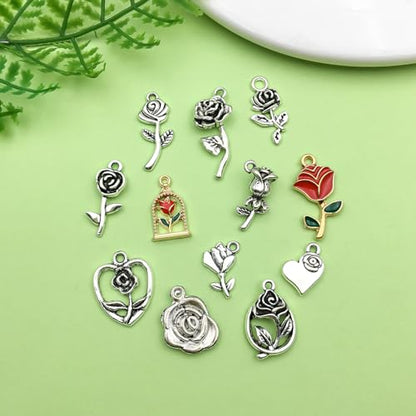 Sailanzi 96pcs Alloy Ancient Silver Rose Series Pendant Jewelry Making DIY Keychain Earrings Pendant Various Design Charms for Jewelry Making Bracelets Necklace (SN439) - color: SN439