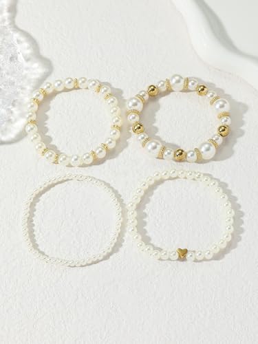 4/8 Pack Pearl Bracelets for Women Simulated Pearl Beaded Stackable Bracelet Set White Pearls Stretch Bracelet Set Multilayered Elastic Pearls Bracelets Bangles for Women Bridal Boho Jewelry - color: Gold