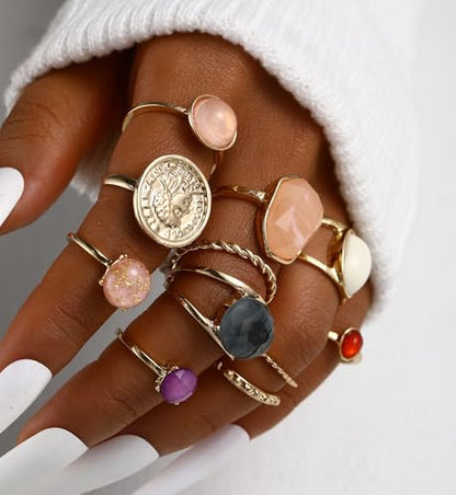 iF YOU 25 Pcs Gold Stackable Ring Set for Women, Chunky Knuckle Finger Midi Rings, Silver Simple Stacking Cute Rings Pack Trendy Stuff Jewelry Gift - style: 24 Small gem rings-size 1.2-7.4