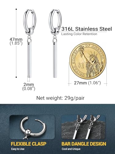 PROSTEEL Stainless Steel Huggie Hoop Earrings for Mens Gold/Black/Silver | Skull/Infinity Pattern, Spike/Cuban Links 4 Design Options Hypoallergenic Lightweight Earring Hip Hop Punk Gothic Jewelry - style: 08-Straight Dangle-Silver