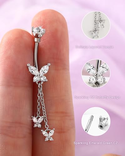 Cute Belly Button Rings Dangle 14G Butterfly Belly Button Piercing for Women Gold Navel Ring 316L Surgical Steel Navel Piercing Jewelry - color: Silver