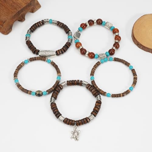 Boho Wooden Beads Bracelets Bohemian Bracelet Stack for Men Women Wood Beaded Bracelet Set - color: B
