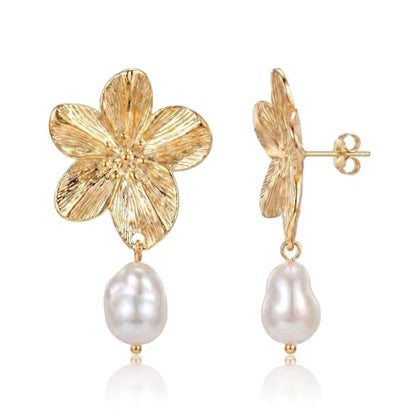 BELLA-Bee Gold Plated Flower Drop Earrings for Women, Dangle Earrings with Pearl, Hypoallergenic Gold Earrings for Sensitive Ears, Elegant Jewelry Gifts - color: 18K Gold Plated Flower-1