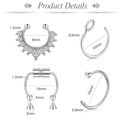 Fake Eyebrow Ring Fake Lip Labret Studs Replacement Balls Spike with 100pcs Sticker Non-Piercing Body Jewelry Fake Skin Piercing - color: A1 -Silver