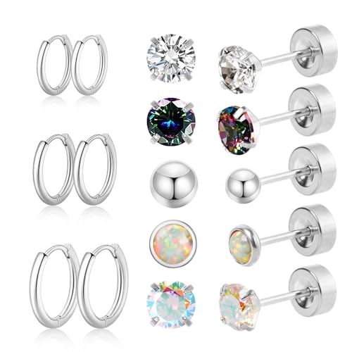 Surgical Steel Earrings for Sensitive Ears Hypoallergenic 20G Stainless Steel Stud Hoop Earrings for Women Men Small Opal Ball CZ Surgical Steel Flat Back Earrings Cartilage Earrings Hoop Stud - color: Silver