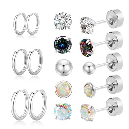 Surgical Steel Earrings for Sensitive Ears Hypoallergenic 20G Stainless Steel Stud Hoop Earrings for Women Men Small Opal Ball CZ Surgical Steel Flat Back Earrings Cartilage Earrings Hoop Stud - color: Silver