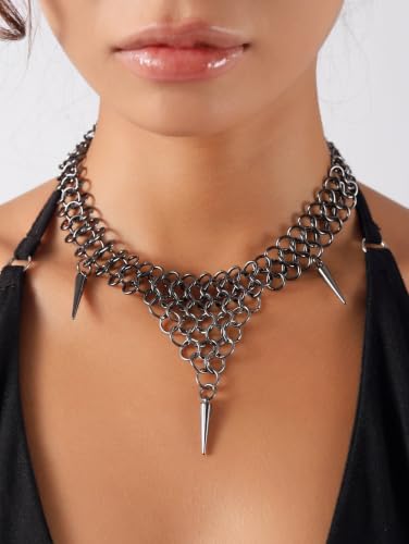 Sacina Chunky Spike Choker, Gothic Emo Punk Grunge Necklace, Goth Jewelry - color: Black