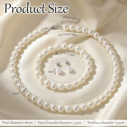 Pearl Necklace Set for Women, 8mm Women Faux Pearl Necklace Bracelet 4-Piece Pearl-necklace and Earring Set Includes Bracelet & Stud Earrings for Brides Bridesmaid Wedding Party