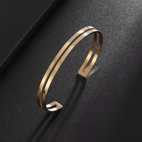 Simple polished titanium steel open bracelet, stainless steel C-shaped bracelet, adjustable double line bracelet, suitable for daily wear or gift giving, suitable for both men and women - color: gold