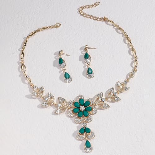 Wedding Jewelry Sets for Brides Rhinestone Necklace and Earring Set Bracelet Ring Gold Silver Prom Jewelry Sets Diamond Flower Teardrop Necklace for Women - color: Style3-Green