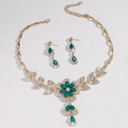 Wedding Jewelry Sets for Brides Rhinestone Necklace and Earring Set Bracelet Ring Gold Silver Prom Jewelry Sets Diamond Flower Teardrop Necklace for Women - color: Style3-Green