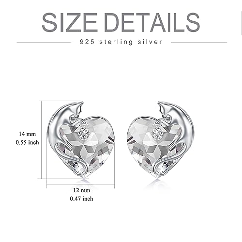 AOBOCO 925 Sterling Silver Cute Cat Studs Earrings for Women | Heart Crystals from Austira Cats Jewelry Gifts for Cat Lovers - color: Clear White