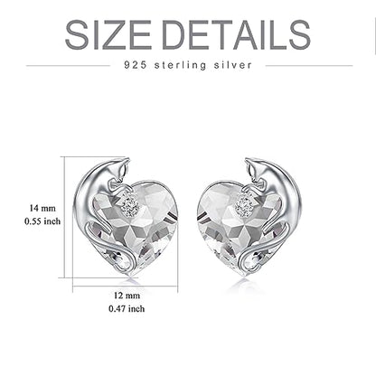 AOBOCO 925 Sterling Silver Cute Cat Studs Earrings for Women | Heart Crystals from Austira Cats Jewelry Gifts for Cat Lovers - color: Clear White