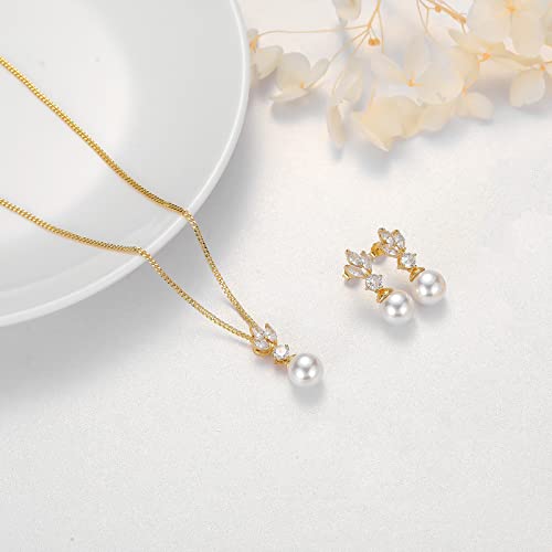 Wedding Jewelry for Bride Bridesmaid, Pearl Dangle Earrings and Pendant Necklace Set Bridal Jewelry for Promise Wedding Party - color: 4.2#gold-Necklace/Earrings