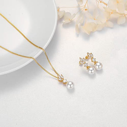 Wedding Jewelry for Bride Bridesmaid, Pearl Dangle Earrings and Pendant Necklace Set Bridal Jewelry for Promise Wedding Party - color: 4.2#gold-Necklace/Earrings