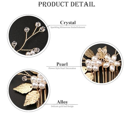 7 Pcs Gold Leaf Bridal Hair Pin Clip Crystal and Pearl Vintage Headpieces Wedding Hair Jewelry for Brides Bridesmaids and Flower Girls(Gold Leaf)