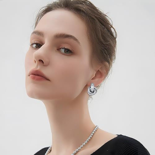 Gold Geometric Drop Dangle Earrings for Women Chunky Trendy Knot Stud Small Twisted Link Earring Jewelry Gift - color: A-Small Flower-Silver