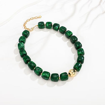 Chunky Colorful Beaded Choker Necklace for Women, Summer Beach Statement Resin Beads Necklace, Trendy Womens Summer Beach Jewelry Birthday Gifts for Vacation Holiday - color: Square Dark Green Bead