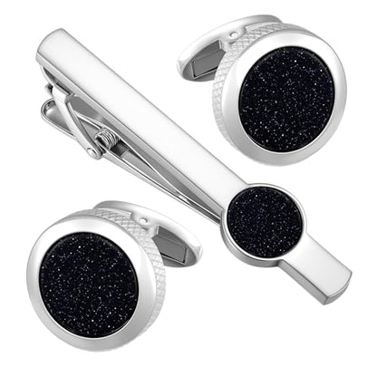 GWD Cufflinks and Tie Clip Set Personalized Cuff Links Business Wedding - style: Silver/Aventurine