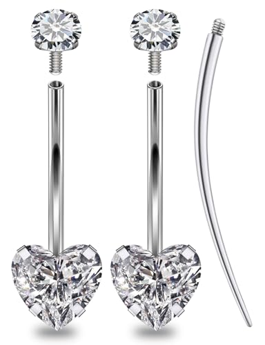 Oufksiyy Long and Extra Long Bar Belly Button Ring Internal Thread Hypoallergenic Surgical Stainless Steel 14mm 16mm 14 Gauge Navel Rings Cubic Zirconia Buuton Body Piercing Jewelry for Women Men - color: Double Heart Cubic Zirconia 16MM