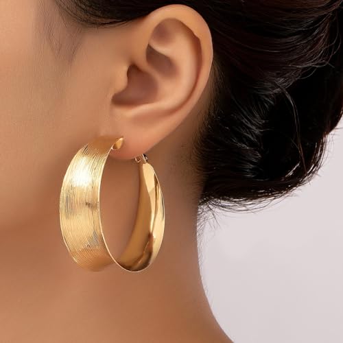 Hoop Earrings for Women Wide Hoop Earrings Large Big Flat Huggie Hoops Earrings Trendy Chunky Hoops Earrings Statement Earrings Jewelry for Women - color: Gold Gold